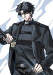  1boy belt_collar black_coat black_hair black_shirt chest_belt coat collar cowboy_shot curtained_hair highres holding holding_sword holding_weapon looking_at_viewer male_focus mei11193 omniscient_reader's_viewpoint open_clothes open_coat popped_collar serious sheath shirt short_hair solo sword unsheathing weapon yoo_joonghyuk 