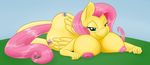  anthro anthrofied big_breasts breasts cutie_mark equine female fluttershy_(mlp) friendship_is_magic fur green_eyes hair half-closed_eyes hand horse looking_at_viewer lying mammal my_little_pony nipples nude outside pegasus pink_hair pony slicky1337 smile solo wings yellow_fur 
