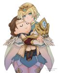  1girl armor artist_name blonde_hair blue_eyes blue_hair character_doll closed_mouth commentary doll earrings english_commentary feather_trim fingernails fire_emblem fire_emblem_heroes fjorm_(fire_emblem) gradient_hair highres holding holding_doll jewelry kiran_(fire_emblem) long_sleeves looking_at_viewer male_kiran_(fire_emblem) multicolored_hair pauldrons short_hair shoulder_armor sierra117renner simple_background smile solo standing thighs tiara white_background 