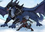  absurd_res action_pose adventurer ambiguous_gender anthro armor azurian dragon duo feral headgear helmet hi_res kobold mythological_creature mythological_scalie mythology outside pose scalie scarf snow snowball snowing 