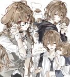  1girl 2boys aged_down ahoge akechi_gorou alternate_costume animal_ears bespectacled black-framed_eyewear black_choker black_hoodie black_necktie bow bowtie brown_hair carrying carrying_person character_doll choker dog_ears dog_girl doll genderswap genderswap_(mtf) glasses grey_vest hair_between_eyes highres holding holding_doll hood hoodie kemonomimi_mode konosekaino920 medium_hair multiple_boys multiple_views necktie objectification persona persona_5 red_eyes sample_watermark semi-rimless_eyewear shirt simple_background sleeves_rolled_up striped_clothes time_paradox vertical-striped_clothes vertical-striped_necktie vest watermark white_background white_shirt white_wrist_cuffs wrist_cuffs 