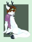  anthro antlers blue_eyes butt cervine clothing collar deer eyewear fur goggles hair hands hooves horn kneeling looking_at_viewer male mammal mystikfox61 pose purple_shirt red_hair shirt simple_background solo white_fur 