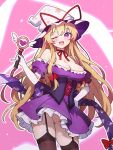  1girl ;d alternate_costume black_garter_straps blonde_hair blur_censor blush breasts brown_thighhighs censored chikuzen1996 cleavage commentary_request corset dress garter_straps gloves groin hat highres holding holding_wand large_breasts long_hair magical_girl neck_ribbon no_panties off-shoulder_dress off_shoulder one_eye_closed purple_corset purple_dress purple_eyes pussy red_ribbon ribbon smile solo straight_hair thighhighs touhou very_long_hair wand white_gloves white_hat witch_hat yakumo_yukari 