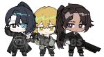  3boys aqua_eyes black_boots black_coat black_eyes black_jacket black_necktie black_pants blonde_hair boots chibi coat collared_shirt dark-skinned_male dark_skin fingerless_gloves full-stop_office_(identity)_(project_moon) full_body gloves gun hashtag-only_commentary heathcliff_(project_moon) heterochromia highres holding holding_gun holding_weapon hong_lu_(project_moon) jacket limbus_company looking_to_the_side male_focus multiple_boys necktie pants pinch_(nesume) project_moon purple_eyes shirt simple_background sinclair_(project_moon) weapon weapon_case white_background white_shirt yellow_eyes 