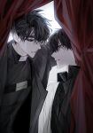  2boys absurdres belt_collar black_coat black_eyes black_hair black_shirt chest_belt coat collar collared_shirt curtained_hair curtains hayu_beck highres kim_dokja looking_at_another male_focus multiple_boys omniscient_reader's_viewpoint open_clothes open_coat popped_collar shirt short_hair upper_body white_coat yoo_joonghyuk 