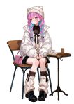  1girl absurdres bag black_shoes black_socks blue_hair braid chair closed_mouth comiket_107 commentary_request cup full_body highres hololive jacket knit_hat long_sleeves looking_to_the_side loose_socks minato_aqua multicolored_hair on_chair open_clothes open_jacket pink_bag pink_eyes pink_hair sa-ya2 shoes shoulder_bag simple_background sitting socks solo teacup transparent_background twin_braids two-tone_hair virtual_youtuber white_jacket white_socks 