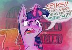  angry bad_language book bookshelf dialog english_text equine female feral friendship_is_magic glowing graystripe64 hair hi_res horn horse levitation library magic mammal multi-colored_hair my_little_pony pony purple_eyes purple_hair scroll solo sparkles text twilight_sparkle_(mlp) unicorn 