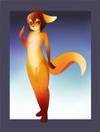  blonde_hair breasts brown_hair canine female fox hair looking_at_viewer mammal nude red_eyes rudragon solo standing 