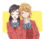  2girls aqua_bow black_hair blush bow breast_pocket brown_hair buttons closed_eyes collared_shirt commentary_request eyelashes futari_wa_precure grin hair_ornament hairclip jacket long_hair long_sleeves misumi_nagisa multiple_girls pocket precure red_jacket red_vest shirt short_hair simple_background smile striped_bow teeth upper_body user_ffuf8883 vest white_shirt yukishiro_honoka 