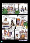 2_horns 5_fingers 6_panel_comic annoyed anthro armor bench bob_(vju79) bodily_fluids boots bottomwear bracers breastplate brown_body canid canine canis chin_spikes clothed clothing cobby_(vju79) comic cougar cross-popping_vein crossed_arms crossed_legs disguise dragon eye_contact facial_spikes fake_horns felid feline fingers footwear green_body greeting group hair happy hi_res hood horn inside jaw_spikes looking_at_another male mammal mask membrane_(anatomy) membranous_wings multiple_scenes mythological_creature mythological_scalie mythology on_bench orange_hair page_number pants paper_thin_disguise purple_body purple_hair raised_finger red_eyes scalie shirt shoes sitting sitting_on_bench spikes spikes_(anatomy) sweat sweatdrop ted_(vju79) text tight_clothing tight_shirt tight_topwear topwear url vest vju79 white_hair wings wolf yellow_sclera zudrec_(vju79)