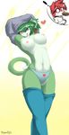  &lt;3 anthro breasts cat duo feline female green_hair hair legwear male mammal nipples panties purple_eyes redwolfxlll ribbons solo_focus spitting stockings tongue tongue_out topless underwear undressing 