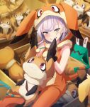  1girl :3 bare_arms black_gloves blush bodysuit box character_costume character_doll cosplay doll dot_nose feet_out_of_frame game_cg gloves green_eyes grin looking_at_viewer nene_(toji_no_miko) nene_(toji_no_miko)_(cosplay) official_art orange_bodysuit orange_hood outstretched_legs pink_pupils purple_hair red_eyes shelf sitting sleeveless sleeveless_bodysuit smile solo stuffed_toy third-party_source toji_no_miko toji_no_miko:_kizamishi_issen_no_tomoshibi too_many_dolls tsubakuro_yume 