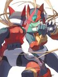  2boys absurdres android armor blonde_hair energy_sword forehead_jewel helmet highres holding holding_sword holding_weapon long_hair male_focus mega_man_(series) mega_man_zero_(series) mega_man_zero_3 multiple_boys omega_(mega_man) omochi_(mochi_skymega) red_armor red_helmet simple_background sword weapon white_background z_saber zero(z)_(mega_man) zero_(mega_man) 