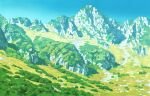  blue_sky clear_sky cliff colored_pencil_(medium) commentary_request day foliage hariken highres hill landscape mixed_media mount_kisokoma nagano_prefecture no_humans original outdoors photoshop_(medium) real_world_location scenery sky traditional_media 