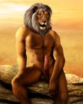  abs anthro balls barbs biceps blue_eyes brown_fur brown_nose detailed erection fangs feline fur grey_hair hair jocarra lion male mammal mane muscles nipples nude pecs penis pose presenting sheath sitting solo teeth 