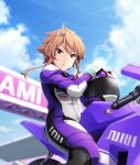  1girl blue_sky bodysuit cloud day feet_out_of_frame game_cg gloves helmet lens_flare looking_at_viewer motor_vehicle motorcycle motorcycle_helmet official_art on_motorcycle orange_eyes orange_hair outdoors purple_bodysuit racetrack racing_suit red_pupils riding shidou_maki_(toji_no_miko) sidelocks sign sky solo spiked_hair sunlight third-party_source toji_no_miko toji_no_miko:_kizamishi_issen_no_tomoshibi white_gloves 