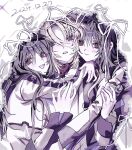  1boy 2girls absurdres alvis_uniform black_hair blonde_hair brother_and_sister brown_eyes dated hair_between_eyes highres hug long_hair looking_at_viewer minashiro_orihime minashiro_soushi minashiro_tsubaki mother_and_daughter multiple_girls ohn_(hiyu194) ribbon scar scar_across_eye scar_on_face siblings smile soukyuu_no_fafner uncle_and_niece 