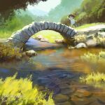  ._. 1girl arch artist_name black_hair black_shorts bridge child commentary day english_commentary foliage original outdoors outstretched_arms scenery shirt short_hair shorts solanoko solo spread_arms stream walking water white_shirt wide_shot 