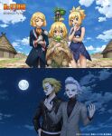  1other 2boys 2girls ahoge black_jacket blonde_hair blue_dress blue_eyes brown_eyes choker cloud copyright_name dr._stone dress e=mc2_(equation) food francoise_arnoul fruit full_moon gloves grey_hair hair_between_eyes highres jacket kohaku_(dr._stone) lips lipstick makeup medium_hair moon multiple_boys multiple_girls night night_sky official_art open_mouth outdoors purple_lips rope rope_around_neck rope_around_waist short_hair sky smile stanley_snyder_(dr.stone) star_(sky) starry_sky suika_(dr.stone) watermelon white_choker white_gloves white_rope xeno_(dr.stone) 