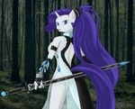  2013 annonymouse anthro anthrofied blue_eyes clothing dress equine female friendship_is_magic hair horn horse long_hair looking_at_viewer my_little_pony outside pony purple_hair rarity_(mlp) solo sword translucent transparent_clothing unicorn weapon white_fur 