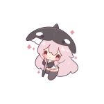  0_0 1girl absurdres animal-themed_umbrella baggy_clothes black_umbrella chibi closed_mouth decrilus double-parted_bangs highres holding holding_umbrella long_hair long_sleeves looking_at_viewer mumble_(shachimu) original oversized_sweater pink_eyes pink_hair simple_background solid_oval_eyes solo two-tone_sweater umbrella very_long_hair white_background 