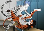  anal anal_penetration balls cum cumshot erection feline gay locker_room lying male mammal masturbation missionary_position on_back orgasm penetration penis sex table_lotus_position tiger veyll 