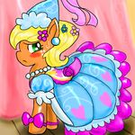  applejack_(mlp) blonde_hair blush clothing dress ear_piercing equine female feral freckles friendship_is_magic fur green_eyes hair hat horse mammal my_little_pony orange_fur piercing pony wonton_soup 