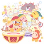  arms_up black_eyes blush blush_stickers chibi chibi_only closed_eyes closed_mouth commentary_request copy_ability dedede's_drum_dash dot_mouth drum flower green_hat hat holding holding_sword holding_weapon instrument jacket king_dedede kirby kirby_fighters_deluxe kracko leaf lowres musical_note no_humans one-eyed open_clothes open_jacket red_hat red_jacket solid_oval_eyes star_(symbol) sword sword_kirby tearing_up topollo waddle_dee weapon white_background 