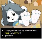 3_toes anthro box cardboard cardboard_box clothing container feet female foot_fetish foot_focus fur grey_hair hair mammal pattern_clothing pattern_shirt pattern_topwear pawsolie shirt solo store striped_clothing striped_shirt striped_topwear stripes talking_to_viewer tem temmie_(undertale) text_box toes topwear undertale undertale_(series) white_body white_fur
