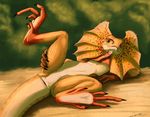  ambiguous_gender black_claws cloaca digitigrade feral flat_chested freckles frills lizard looking_at_viewer no_nipples orange_eyes orange_scales outside plump_labia presenting reptile scalie solo spread_legs spreading syrinoth warm_colors 
