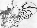  anthro canine crossed_arms female fox jay_naylor mammal on_stomach pencil_art stare stripes syndra thinking 