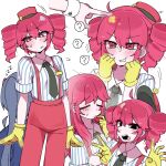  2girls ? @_@ black_necktie blush blush_stickers closed_eyes collared_shirt danchoo drill_hair flying_sweatdrops hair_down hat hatsune_miku highres kasane_teto mesmerizer_(vocaloid) mini_hat multiple_girls necktie open_mouth pants poking red_hat red_pants scratching_cheek sharp_teeth shirt short_hair solo_focus spoken_question_mark striped_clothes striped_shirt suspenders sweatdrop synthesizer_v teeth tongue tongue_out twin_drills utau v vocaloid wrist_cuffs yellow_eyes zzz 