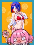  <|>_<|> 2girls absurdres bikini blue_border blue_eyes blue_hair blush border breasts colored_inner_hair commentary double_bun embarrassed eyewear_on_head finger_to_mouth food fruit full-face_blush hair_bun heart heart-shaped_eyewear highres holding holding_sign kaf_(kamitsubaki_studio) kamitsubaki_studio kizakura_art looking_at_viewer medium_breasts medium_hair motion_blur multicolored_hair multiple_girls navel off_shoulder open_clothes open_mouth open_shirt orange_(fruit) orange_background orange_slice pink_hair purple-tinted_eyewear red-framed_eyewear red_bikini red_hair rim_(kamitsubaki_studio) shirt sign smile stomach swimsuit symbol-only_commentary tinted_eyewear virtual_youtuber white_shirt yellow_pupils 