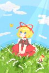  2girls :o back_bow bare_arms black_shirt blonde_hair blue_eyes blue_skirt blurry blurry_foreground blush_stickers bow bowtie bug butterfly cloud commentary depth_of_field fairy fairy_wings field flower flower_field hair_ribbon highres light_rays lily_of_the_valley looking_at_animal medicine_melancholy multiple_girls outdoors red_ribbon red_skirt ribbon shirt short_hair short_sleeves sitting skirt solid_oval_eyes su-san touhou white_bow white_bowtie white_flower wings yellow_butterfly yuzuno423 