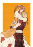  1boy 1girl aerith_gainsborough aerith_gainsborough_(garnet's_gown) arms_around_neck bare_shoulders black_gloves black_pants black_vest blonde_hair boots braid braided_ponytail brown_hair choker cosplay couple cropped_vest dress final_fantasy final_fantasy_vii final_fantasy_vii:_ever_crisis garnet_til_alexandros_xvii garnet_til_alexandros_xvii_(cosplay) gloves green_eyes grey_choker hair_ornament hairclip hetero highres juliet_sleeves kayu0315 long_dress long_hair long_sleeves official_alternate_costume orange_background orange_dress pants parted_bangs petticoat puffy_sleeves red_boots red_gloves ribbed_sweater shirt short_hair sidelocks single_braid sleeveless sleeveless_sweater spiked_hair sweater vest white_background white_shirt white_sweater zidane_tribal zidane_tribal_(cosplay) 