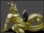  abs alkosh arm_support balls biceps black_penis border dragon erection gold grey_background male metallic_body muscles pecs penis plain_background purple_eyes reclining ribbed_penis scalie shiny solo spread_legs spreading wingless_dragon yellow_skin 