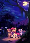  amber_eyes aruurara cutie_mark_crusaders_(mlp) derpy_hooves_(mlp) equine eyes_closed female feral forest friendship_is_magic fur group hair horn horse mammal moon my_little_pony night orange_fur outside pegasus pony purple_eyes purple_hair red_hair sweat tree two_tone_hair unicorn white_fur wings yellow_fur 