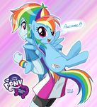  blue_shirt blue_skin clothed clothing cutie_mark duo equestria_girls equine female feral freckles friendship_is_magic horse human humanized mammal my_little_pony pony rainbow_dash_(eg) rainbow_dash_(mlp) size_difference skirt smile square_crossover standing striped_skirt text uotapo wristband 