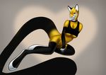  black_fur bottomless breasts cat clothed clothing feline female fur gradient_background grey_background large_tail latex_(artist) mammal markings pink_nose plain_background raised_tail simple_background skimpy smile socks_(marking) solo teeth white_fur yellow_eyes yellow_fur 