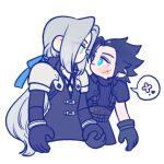  105zz 2boys aqua_eyes armor belt black_coat black_gloves black_hair blue_ribbon brown_belt chest_strap closed_mouth coat cowboy_shot cropped_legs cross_scar earrings final_fantasy final_fantasy_vii gloves green_eyes grey_hair hair_ribbon hair_slicked_back holding_hands jewelry long_coat long_hair looking_at_another low_ponytail male_focus medium_hair multiple_belts multiple_boys pauldrons ponytail ribbed_shirt ribbon scar scar_on_cheek scar_on_face sephiroth shirt shoulder_armor sideburns single_earring sleeveless sleeveless_turtleneck smile spoken_flower suspenders turtleneck white_background yaoi zack_fair 