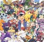  1boy absurdres alternate_color ambipom anger_vein arms_up ash_ketchum baseball_cap bayleef bird black_hair blue_vest boldore bracelet bright_pupils brown_eyes buizel bulbasaur butterfree charizard claws closed_eyes closed_mouth clothed_pokemon commentary_request confetti corphish derayuki1567 donphan dracovish dragon dragon_wings dragonite fire food gengar gible gliscor goodra greninja grin hat hawlucha heracross highres holding holding_food holding_removed_eyewear holding_shield holding_spring_onion holding_vegetable holding_weapon horns infernape jewelry kingler krookodile lapras larvitar long_tongue lucario lycanroc lycanroc_(dusk) melmetal mr._mime muk naganadel noctowl noivern nostrils nut_(hardware) on_shoulder one-eyed one_eye_closed open_clothes open_mouth open_vest oshawott palpitoad pidgeot pignite pikachu pokemon pokemon_(anime) pokemon_(creature) pokemon_journeys pokemon_on_shoulder primeape quilava red-framed_eyewear red_eyes red_hat rowlet scarf sceptile scraggy sharp_teeth shield shiny_pokemon shirt short_hair short_sleeves sirfetch'd smile snivy snorlax solgaleo spring_onion squirtle staraptor sunglasses swellow tauros teeth tongue tongue_out torkoal torterra totodile tusks unfezant unfezant_(female) unworn_eyewear upper_teeth_only v-shaped_eyes vegetable very_long_tongue vest weapon white_pupils white_shirt wings yellow_scarf 