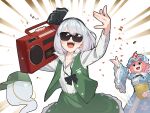  2girls :d arm_up arms_up basket black_hairband black_ribbon blue_hat blue_kimono boombox buttons carrying_over_shoulder chain chain_necklace collared_shirt commentary_request confetti emphasis_lines frilled_skirt frills green_hat green_skirt green_vest grey_hair hair_between_eyes hair_ribbon hairband hat hitodama_print holding holding_basket japanese_clothes jewelry kanpa_(campagne_9) kimono konpaku_youmu konpaku_youmu_(ghost) long_sleeves medium_hair mob_cap multiple_girls neck_ribbon necklace open_clothes open_mouth open_vest pink_hair ribbon saigyouji_yuyuko shirt skirt smile sunburst sunburst_background sunglasses teeth throwing throwing_confetti touhou triangular_headpiece upper_teeth_only v-shaped_eyebrows vest white_shirt wide_sleeves 