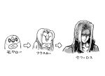  1boy ^_^ arrow_(symbol) bird character_name closed_eyes closed_mouth collarbone commentary_request crossover dartrix evolution final_fantasy final_fantasy_vii forehead greyscale hair_intakes happy high_collar jacket looking_to_the_side male_focus monochrome open_mouth owl piku_(another_pikuru) pokemon pokemon_(creature) rowlet sephiroth shaded_face simple_background sketch smile translated upper_body v-shaped_eyebrows white_background 