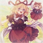  2girls absurdres back_bow bare_arms black_shirt blonde_hair blush bow commentary contrast_collar fairy fairy_wings frilled_sailor_collar frilled_shirt frills hair_between_eyes hair_bow hair_ribbon highres konpota_(pixiv_113398422) medicine_melancholy multiple_girls outdoors outstretched_arms puffy_short_sleeves puffy_sleeves red_bow red_eyes red_ribbon ribbon sailor_collar shirt short_hair short_sleeves signature smile su-san touhou white_sailor_collar wings 