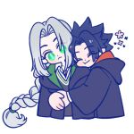  105zz 2boys arms_around_waist black_hair black_robe braid closed_eyes closed_mouth crisis_core:_final_fantasy_vii cropped_torso final_fantasy final_fantasy_vii flower green_eyes green_trim grey_hair gryffindor hair_tie harry_potter_(series) hogwarts_school_uniform hood hood_down hooded_robe hug long_hair male_focus multiple_boys parted_bangs pink_flower red_thighhighs robe school_uniform sephiroth short_hair single_braid slit_pupils slytherin smile thighhighs upper_body white_background wizarding_world yaoi zack_fair 