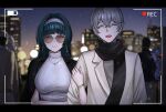  1boy 2girls astra_yao battery_indicator black_hair black_scarf blurry blurry_background bracelet breasts building closed_eyes closed_mouth couple dating earrings gold_bracelet grey_hair hairband highres holding_another's_arm jacket jacket_on_shoulders jewelry large_breasts long_hair mole mole_under_each_eye mole_under_eye multiple_girls multiple_moles necklace night night_sky open_mouth people pointy_ears purple_hair recording red_eyes scarf selcky short_hair smile snowing sunglasses sweatdrop sweater turtleneck turtleneck_sweater very_long_hair very_short_hair viewfinder vivian_banshee white_hairband white_jacket wise_(zenless_zone_zero) zenless_zone_zero 