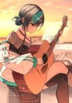  1girl acoustic_guitar aqua_hair black_hair black_shirt black_socks black_thighhighs blurry blurry_background commentary_request criss-cross_halter crossed_arms earrings fishnet_socks fishnets guitar hair_bun halterneck highres holding holding_instrument hololive hololive_dev_is instrument jacket jewelry kneehighs music off_shoulder official_alternate_costume official_alternate_hairstyle outdoors playing_guitar playing_instrument red_eyes rindo_chihaya shirt short_hair single_hair_bun single_kneehigh single_sock single_thighhigh sitting socks solo swept_bangs thighhighs virtual_youtuber watermark white_jacket white_streaks xyunx 
