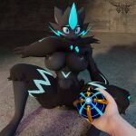 absurd_res angry anthro beast_ball bioluminescence black_body black_fur blue_markings breasts concrete disembodied_hand eve_the_zeraora female fur generation_7_pokemon glowing hi_res human legendary_pokemon mammal markings max_(taciticooldad) nintendo outside phrostbite pokeball pokemon pokemon_(species) sitting solo wiping_mouth zeraora