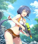  1girl adapted_costume ahoge bare_shoulders bikini blue_eyes blue_hair blue_sky blush breasts cleavage cloud cowboy_shot day game_cg groin hair_ribbon holding holding_water_gun large_breasts long_hair low_ponytail mole mole_under_eye nature navel official_art one_eye_closed open_mouth orange_vest osafune_girls_academy_school_uniform outdoors ponytail red_ribbon ribbon rock school_uniform setouchi_chie sidelocks sky solo sparkle splashing spraying striped_ribbon swimsuit third-party_source toji_no_miko toji_no_miko:_kizamishi_issen_no_tomoshibi tree very_long_hair vest water_fight water_gun white_bikini 