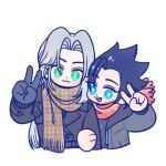  105zz 2boys alternate_costume aqua_eyes black_coat black_hair brown_scarf closed_mouth coat cropped_torso cross_scar final_fantasy final_fantasy_vii gloves green_eyes grey_gloves grey_hair hair_behind_ear hair_slicked_back holding_another's_arm light_blush long_hair male_focus medium_hair multiple_boys open_mouth parted_bangs plaid_clothes plaid_scarf red_scarf scar scar_on_cheek scar_on_face scarf sephiroth slit_pupils smile v white_background winter_clothes yaoi zack_fair 